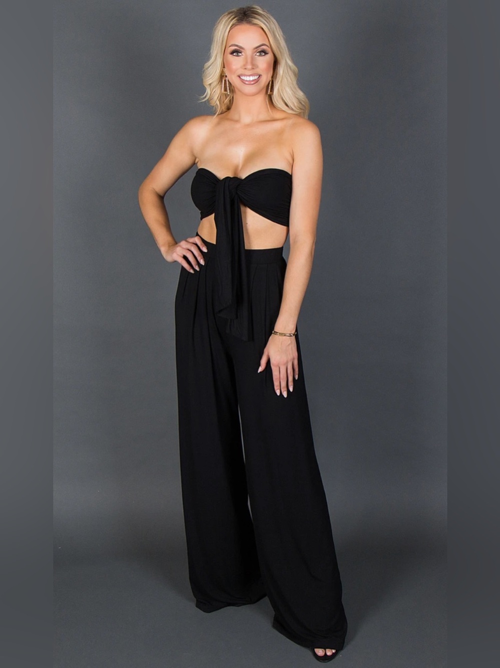 JLUXLABEL Black Strapless Tie-Front Wide Leg 2 Piece Set